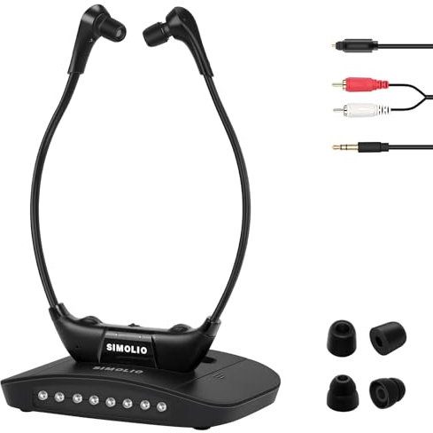 SIMOLIO Casque TV sans Fil pour Television, Son Clair et Volume Amplifié pour Seniors, Pas de Délai, Gain De l'oreille Gauche Et Droite, Aves émetteur et Chargeur, Compatible avec la Plupart des TVs