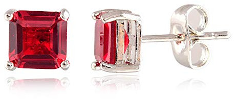 [RIZILIA KLASSISCH] Gestochen Ohrstecker Ohrringe mit Quadrat Smaragdschliff Edelstein Zirkonia CZ [Rot Rubin] in 18K Weiß Gold Vergoldet, Einfache Moderne Eleganz