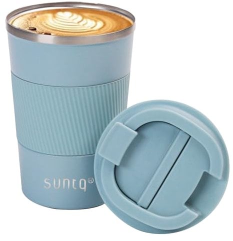 SUNTQ Reusable Coffee Cups Travel - Coffee Travel Mug with Leakproof Lid - Thermal Mug Insulated Cup - Stainless Steel Travel Cup with Rubber Grip - for Hot and Cold Drinks, 13oz/380ml Light Blue