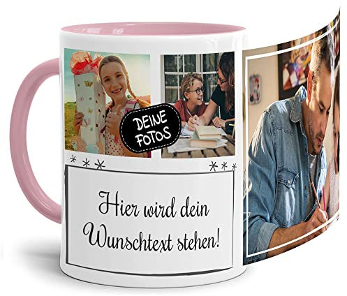 Foto-Tasse selbst gestalten mit Text & Collage für 3 Fotos - Geschenk für Familie, Freunde, Geburtstag, Weihnachten - Keramik Innen & Henkel Rosa, 300 ml I Personalisiert