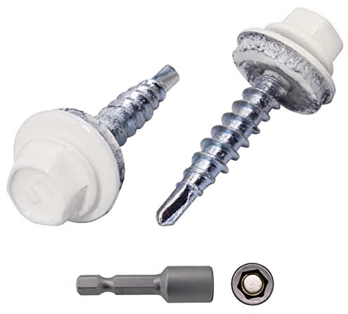 Lot de 250 vis autoforeuses en métal peint avec rondelles EPDM - 4,8 x 35 mm - Vis à tête hexagonale en tôle (250, blanc pur RAL 9010)