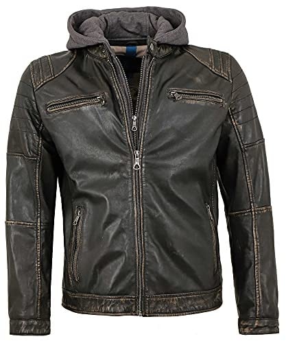 Herren Lederjacke Lammnappa Bikerjacke Kapuze schwarz-beige