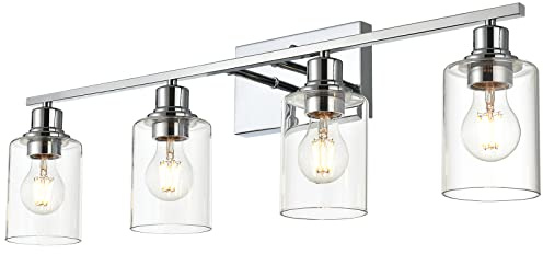 VINLUZ Schminklampe Armaturen, 4 Lichter Innen Moderne Verchromte Badezimmerbeleuchtung über Spiegel Klares Glas Schatten Metallsockel Wandmontage Lampe für Schminktisch Wohnzimmer