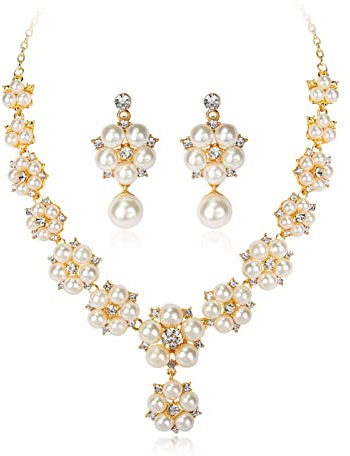 Lieson Damen Perlen Schmuckset - Vergoldet, Klassisch, Romantisch - Hochzeit, Engagement, Party - Halskette, Ohrringe - Perlenkette, Perlen Ketten, Perlenohrringe - Brautschmuck Set