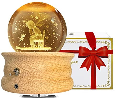 HABOWN Kristallkugel Spieluhr, 360 ° drehbare hölzerne Spieluhr mit Licht,Geburtstagsgeschenk, Projektionsfunktion mit Beleuchtung, LED Mond Lampe, Jubiläum,Valentinstagsgeschenk(Prinz und Rose