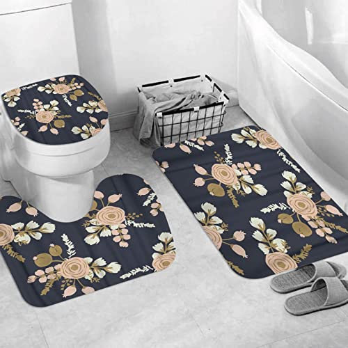 3 Pieces Bath Mat Set, Soft Superfine fiber Bathroom Rugs Mat,Watercolor Gold Rosa Blush Noisette Modern Rose Floral Pattern Flower Draw,Machine Washable & Non Slip Bath Mats for Bathroom, Tub, Shower