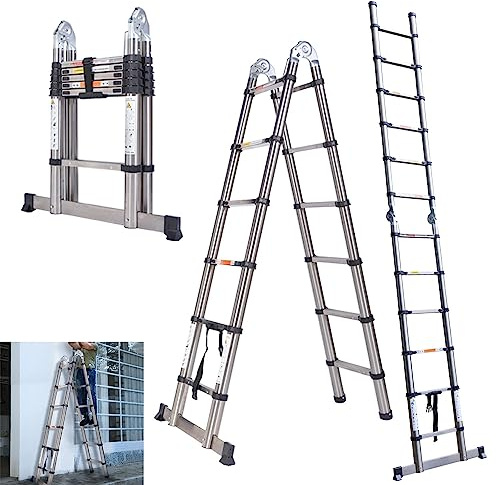 Heavy Duty Ladder Household Ladder Telescopic Ladder, 2.5m + 2.5m(5m) A Frame Ladder, Height Adjustable Multi-purpose Ladder, Extension Ladder for Household Roof Loft Home Outdoor Indoor