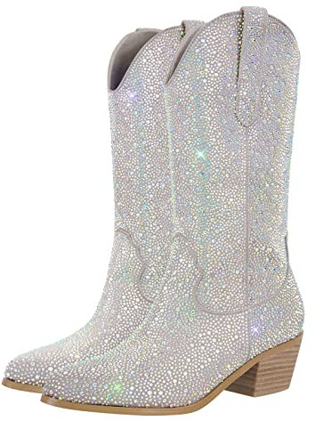 blingqueen Stivali da cowboy con glitter tacco occidentale, argento, 43 EU