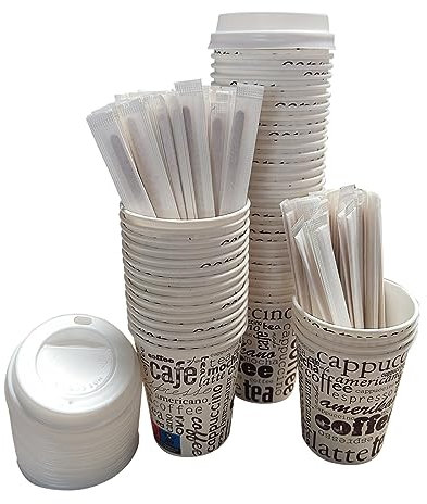 100 Vasos Desechables Café de Papel Cartón de 200 ml con 100 tapas, Vasos Resistentes y Elegantes para Bebidas Calientes o Frías, Perfectos para Oficina y Hogar. Incluyen 100 Paletinas de Madera