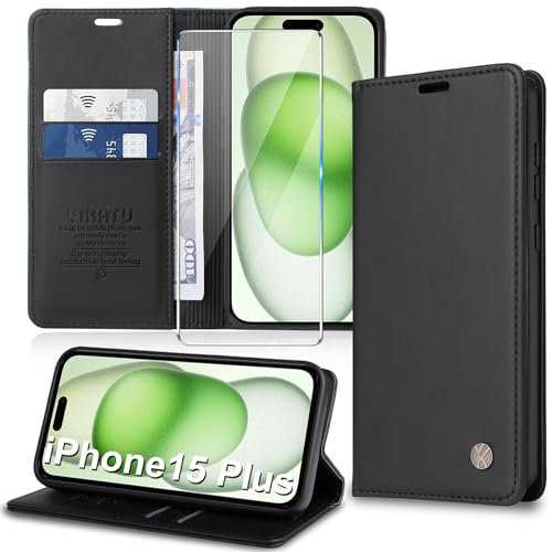 Migexxkj Handyhülle für iPhone 15 Plus Hülle [mit Schutzfolie][Premium PU Leder] Klapphülle Ständer Kartenfach Magnetic Flip Case Cover Etui Tasche Schutzhülle für iPhone 15 Plus 6.7“ (Black)