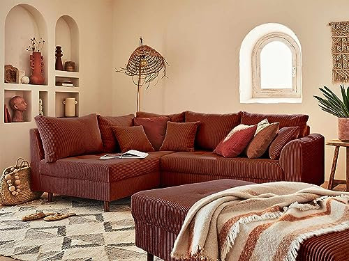 Lisa Design Rune – Ecksofa Links – 4-Sitzer – mit hocker – aus Cord Terrakotta