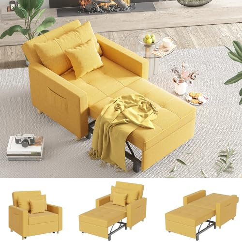 YODOLLA 192cm schlafsessel, 3-in-1 Schlaferstuhl, Ausziehbar Schlaferstuhl mit Bettfunktion, Schlafsofa mit Seitentasche und Regulierbarer Rückenlehne für Gästezimmer & kleine Wohnung, Gelb