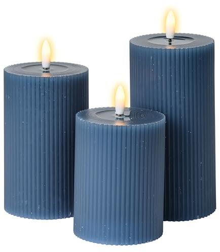 Meisterhome® 3er-Set Flammenlose LED Kerzen - Blau - Ribble Design Stumpenkerze - mit Fernbedienung – mit Timer - Batteriebetrieben – Warmweiß - 10/12,5/15 cm hoch - mit flackernder Flamme