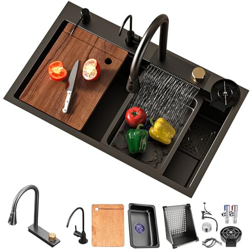 DSMRLEOP Évier cascade noir en acier inoxydable 304 - Évier de cuisine multifonction encastrable - Avec robinet multifonction et divers accessoires