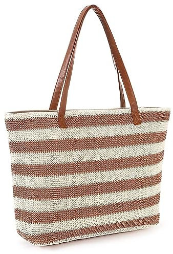 Biwwubik Grand sac fourre-tout en paille souple avec fermeture éclair avec bandoulière tissée à rayures , , un tamaño