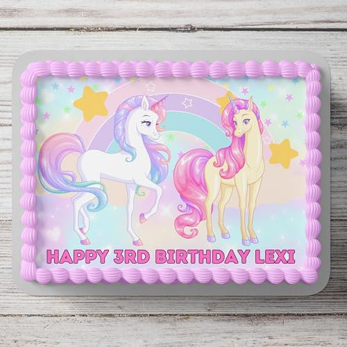 Cute Unicorn Themed Personalised Cake Topper A4 Size Edible Icing Sheet Birthday Cake Decoration