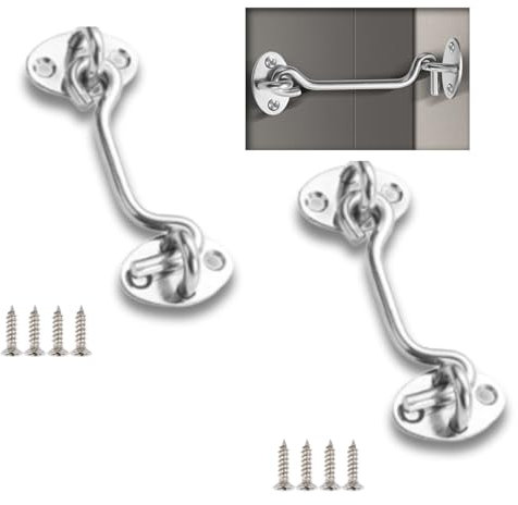 ORTAVA 2 Stück Sturmhaken Edelstahl, 3 Zoll/75 mm Sturmhaken mit öse, Tuerriegel, Türhalter, Fensterhaken für FensterläDen, Scheunentor, Gartentor, Garagentor mit 8 Stück Schrauben (Silber)