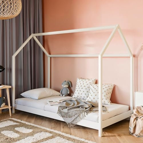 Lomadox Kinderzimmer Kinderbett Hausbett Einzelbett 80x160 cm Kiefer weiß