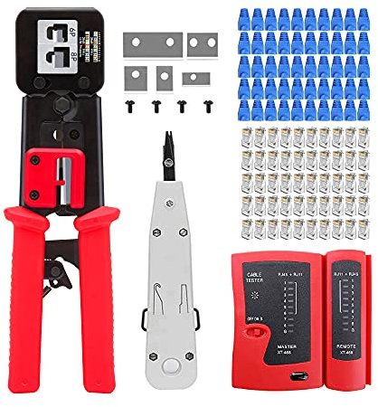 MAYLINE RJ45/CAT5/CAT6 Herramienta de cable de Crimpador de red, profesional de Mantenimiento de, LAN Probador de cables de red 50 Conectores, Pasante RJ45Herramientas de Reparación (Rojo)