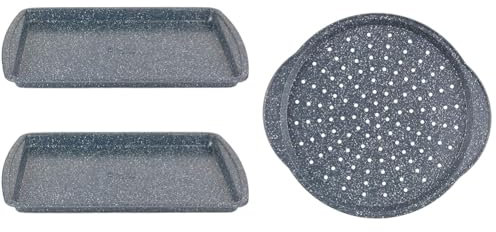 Russell Hobbs COMBO-5445 Baking Tray Set of 2 – 38 cm Non-Stick Flat Sheet for Oven up to 220°C & RH01003EU Nightfall Stone 37 cm Pizza Pan - Round Non-Stick Baking Tray