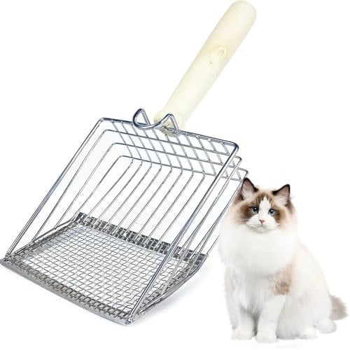 JUXINE Metal Cat Litter Scoop,Cat Litter Scoop,Wooden Handle Aluminum Cat Litter Shovel,Fecal Screening,Can Clean Small and Large Cat Litter,Easy to Place, Suitable for Cat Litter Pots
