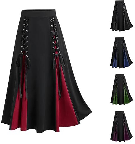 Women Renaissance Skirt UK Sale Clearance, Ladies Victorian Skirt Lace up Gothic Skirt A-Line Vintage Skirt Elastic Waist Swing Skirt Medieval Long Skirt Casual Skirt Work Dress Office Dressing Black
