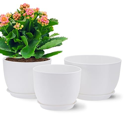 Gardrium Lot de 3 Pots 30,5/25,4/22,9 cm de Fleurs en Plastique Plantes, Jardinières Modernes avec Trous de Drainage et Soucoupe Détachable, Blanche