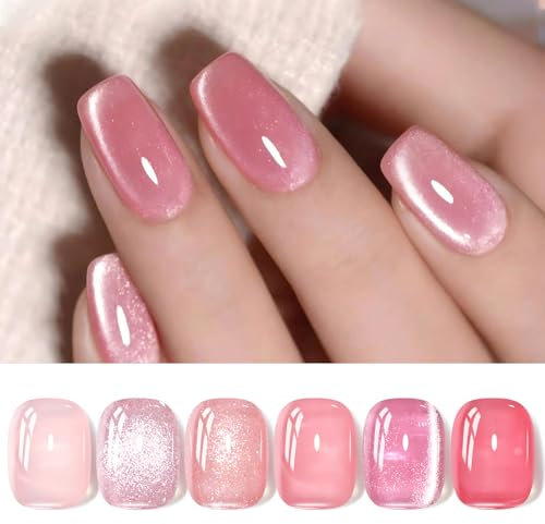 BORN PRETTY Jelly Gel Nail Polish, Glitter Gel Polish, Nude Pink Gold Cat Magnetic Eye Gel Nail Polish, Sheer Crystal Transparent Sparkle Nail Manicure Gift DIY at Home 6PCS 7ml