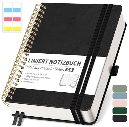 RETTACY Notizbuch A4 Liniert, Bullet Journal mit 100 g/m² Dickem Papier, 150 Blatt/300 Nummerierten Seiten, Collegeblock für Büro und Schule, Lederhülle, Schwarz, 21 cm x 29.7 cm