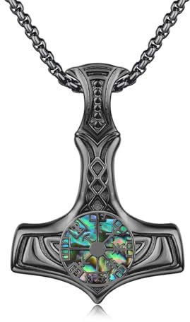 MEDWISE Wikinger Thors Hammer Halskette Schwarz 925 Sterling Silber Keltisches Kette Mjölnir Anhänger Abalone Muschel Kette Wikinger Schwarz Schmuck für Damen Unisex Herren Teenager Jungen Geschenke