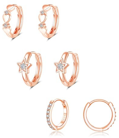 Cangall Silver Hoop Earrings for Women, 925 Sterling Silver Heart Star Huggie Hoop Earrings Set, Hypoallergenic Small Dainty CZ Cartilage Sleepers Rose Gold Hoop Earrings Jewelry Gift for Christmas