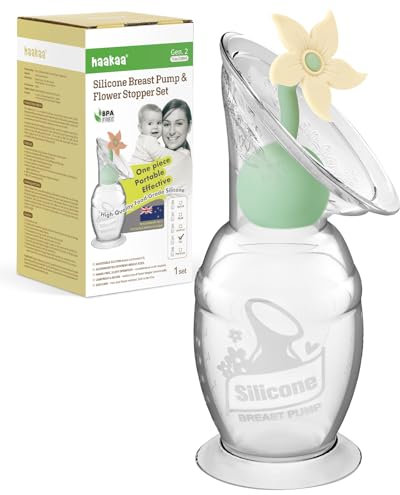 haakaa Manual Breast Pump with Flower Stopper Set, Gen.2 Silicone Hand Pump with Suction Base, BPA Free (5.4oz/150ml, Oat)