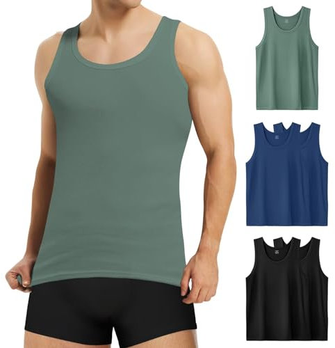 Mowenti Unterhemd Herren 100% Baumwolle 5er Pack, Tank Top Herren Mehrfarbig, Unterhemden Feinripp, Muskelshirts Sport Men, Schwarz Marineblau Olivgrün Größe L