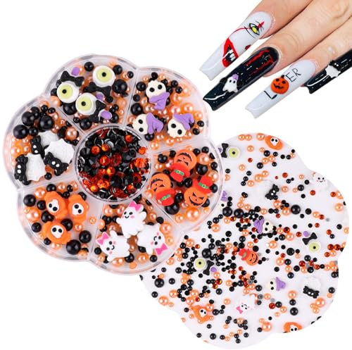 Halloween Nail Art Charms, 1 Box Mix-Shapes 3D Ghost Pumpkin Halloween Nail Charms Flatback Resin Charms Nail Rhinestones Gems Pearls for DIY Nail Art Decoration Crafting (Multi-colored A)