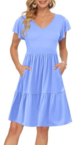 AUSELILY Women Summer Dress Ruffle Petal V-Neck Sundress Short Sleeve Casual Dress with Pockets Sky Blue 2XL