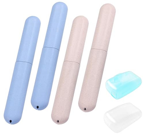 Laralily 4 Stück Zahnbürste Reiseetui Zahnbürsten Etui Toothbrush Case Tragbare Zahnbürste Reiseetui Zahnbürsten Box Umweltfreundliche für Reisen Familie Büro (Blau und Beige)