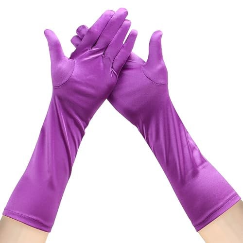 JUNART Lange Satin Handschuhe 15,3 Frauen Unterarm Länge Handschuhe Weiche und Atmungsaktive Handschuhe für Hochzeit Halloween Party Oper 20er Jahre Accessoires(Lila)