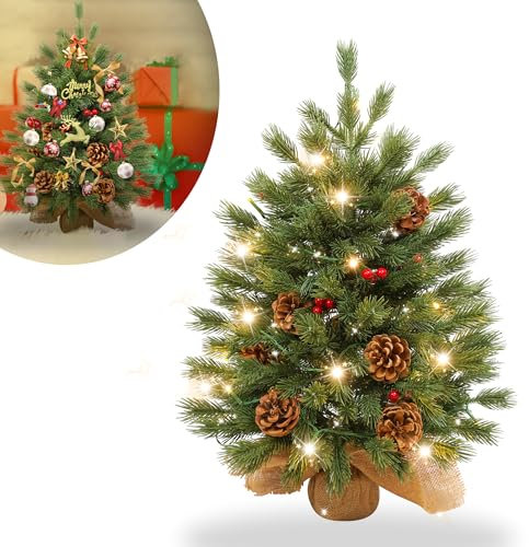 YRHome 60cm Mini Weihnachtsbaum künstlich klein Tischweihnachtsbaum Tannenbaum mit Beleuchtung künstlich mit 30 warmweiß LED, Kiefernzapfen und Roten Beeren PE-Material für Weihnachten Christbaum