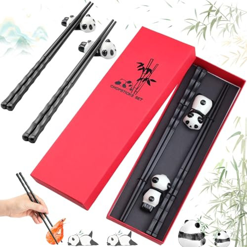 Liekadijiae 2 Pares de Palillos Chinos de Aleación, Set de Regalo de Palillos Chinos Panda, Palillos de Vidrio Reutilizables con 2 Palillos de Cerámica de Panda Chinos(con Caja de Regalo)
