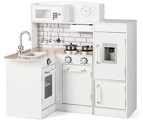 DREAMADE Kinderküche Holz, Kinder Küche mit Waschbecken Herd Backoffen Kühlschrank, Eckküche Spielzeugküche, Spielküche mit Zubehör für Kinder ab 3 Jahren (Grund-Version)