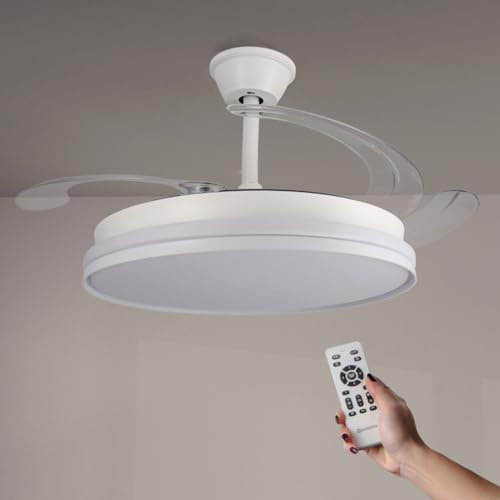 M mimotec - Ventilador de Techo con luz Led White Cami, Mando a Distancia, Motor DC, 6 velocidades, Silencioso, Aspas retráctiles, función verano-invierno, temporizador, CCT