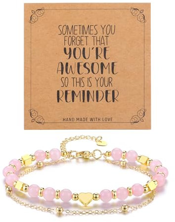 CrystalTears Rose Quartz Crystal Heart Bracelet for Women Girls, Gold Layered Healing Stone Pink Beaded Bracelets Jewellery Gifts for Women Mum Girlfriend Friends Birthday Christmas