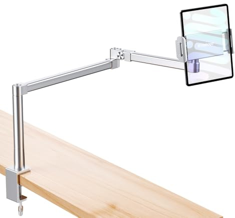 elitehood 71cm Long Arm iPad Holder for Bed & Desk, Aluminum Adjustable iPad Stand for Desk, Bed Tablet Holder Arm Mount Compatible with Phone, IPad Pro Air Mini and 4.7-13in Devices | Heavy Duty Tablet Arm Mount for Bed Sofa, Ball Head Tablet Holder for Desk Fits iPad Pro/Air/Mini, 4.7-13in iPhone, Silver
