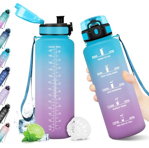 Borraccia 1.5L, Borraccia Palestra con Indicatore del Tempo, Borraccia con Filtro, Bottiglia Acqua Riutilizzabile, senza BPA, A Prova di Perdite, Borraccia Sport per Fitness, Adulti, Ufficio, Yoga