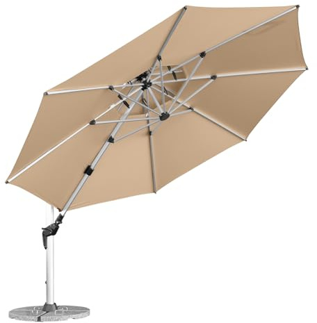 anndora Alu Ampelschirm 400 cm mit Kurbel – runder Sonnenschirm 360° drehbar, schwenkbar & neigbar – wetterfest & UV-Schutz – inkl. Standkreuz + 4 Granitplatten 120 kg (Dark Natural)