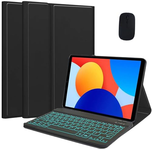 EHLCYS Keyboard Case for Xiaomi Redmi Pad SE 8.7 Inch 2024, German QWERTZ 7 Color Lighting Removable Bluetooth Keyboard, Intelligent Slim Case with Pen Holder and Mouse,Schwarz