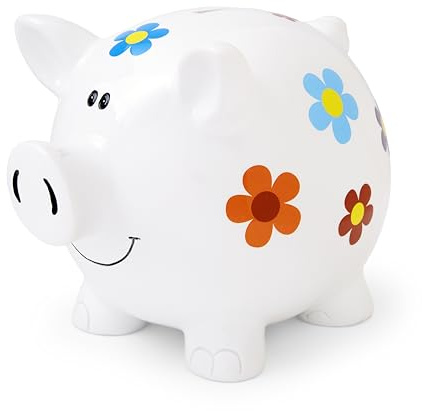 Mousehouse Gifts - Große gemusterte Sparschwein Spardose für Mädchen, Kinder & Erwachsene (weiß mit Blumen)