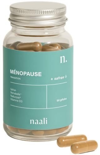 Naali Ménopause – Gélules Transition – Safran, Menobelle, Reducose, Vitamine D3 – Bouffées de chaleur – Sueurs nocturnes – Compléments alimentaires – 60 Gélules – Cure 1 Mois
