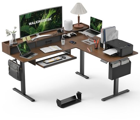 WALKINGDESK Bureau debout en forme de L réglable en hauteur de 160 cm avec 2 tiroirs et plateau pour clavier, table d'appoint électrique assis-debout pour bureau à domicile, bureau de jeu d'angle