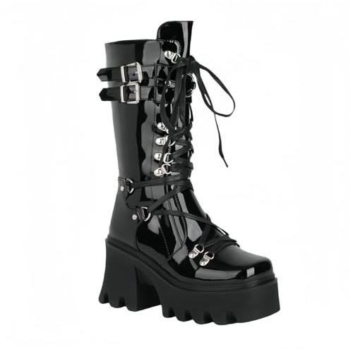 FQLGJMY Damen Knie hohe Keil Plattform Stiefel mit Chunky hohe Plattform Absatz Spitze Up & Reißverschluss Punk Goth Mitte Kalb Kampfstiefel Motorrad Stiefel mit Metallschnallen für Herbst Winter